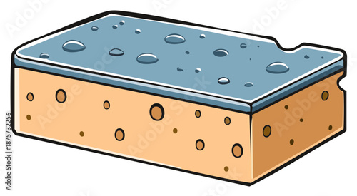 Household Cleaning Sponge with Water Drops Illustration, Kitchen Supplies Vector