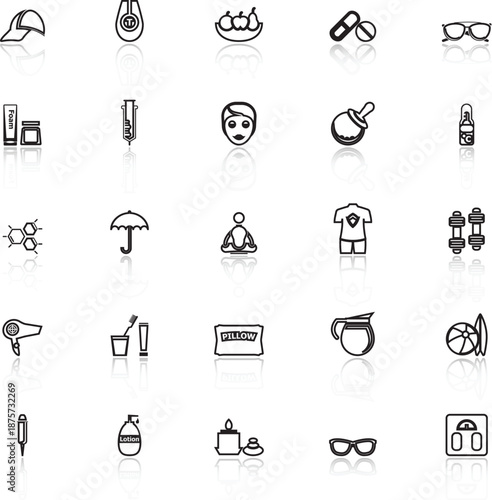 Facial and body treatment line icons with reflect on white