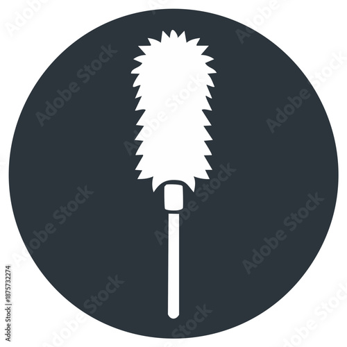 White Feather Duster Icon on Dark Round Background, Cleaning Tool Symbol, Domestic Service