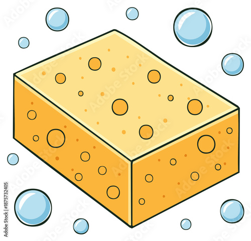 Yellow rectangular cleaning sponge with various sized holes surrounded by playful translucent soap bubbles vector illustration