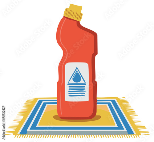 Illustration of orange cleaning product bottle on decorative rug or mat