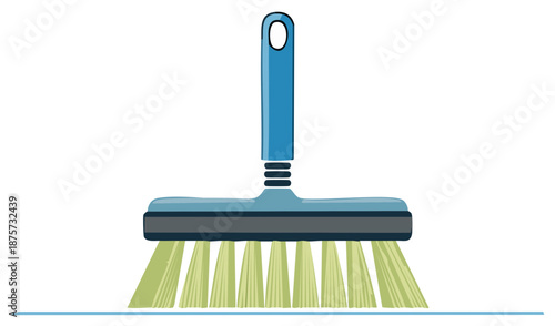 Cartoon illustration of a hand broom, cleaning household tool, blue and green design