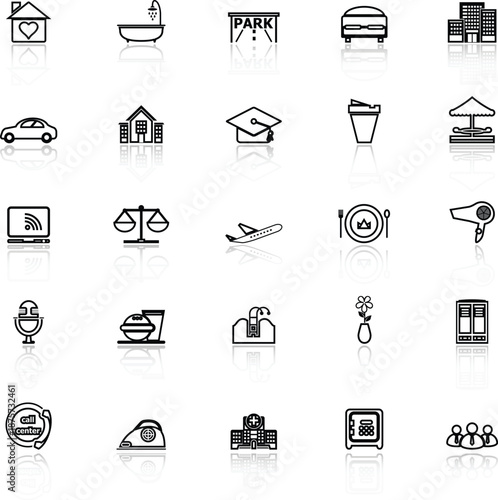 Hospitality business line icons with reflect on white background