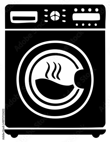 Simple laundry machine silhouette icon with steam symbol for cleaning services