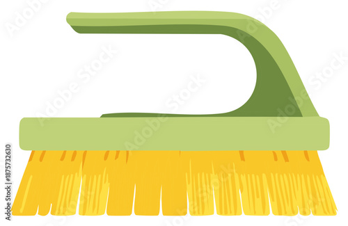 Stylized illustration of a green and yellow cleaning scrub brush