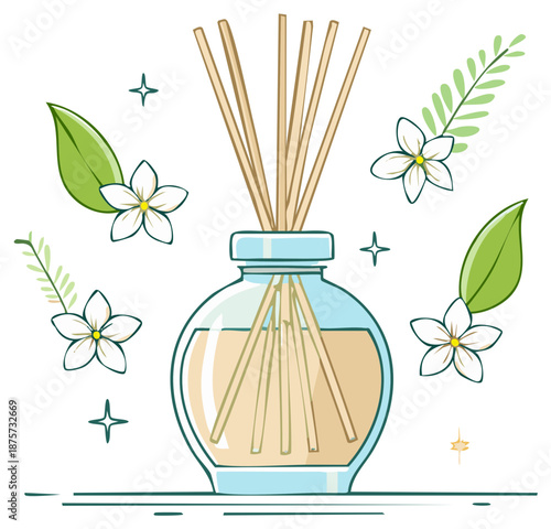 Aromatic Diffuser with Flowers and Foliage Illustration in Pastel Tones for Relaxation and Home Fragrance