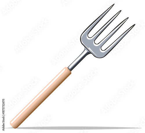 Gardening Pitchfork Tool with Metal Tines and Wooden Handle Isolated