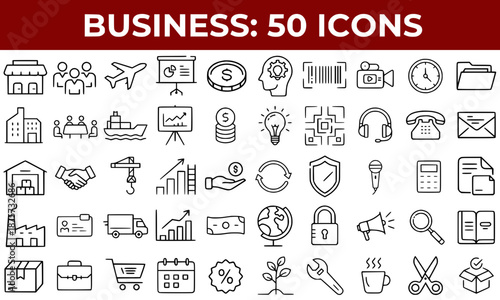Business concept icons in minimalist outline style on white background  