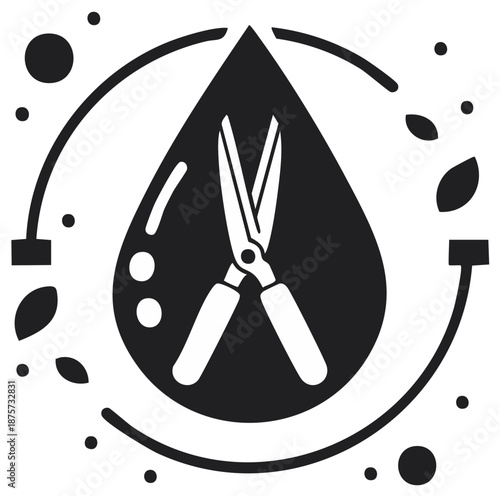 Gardening shears in a droplet with plants in a circular design for ecology and sustainability, graphic emblem in a round shape