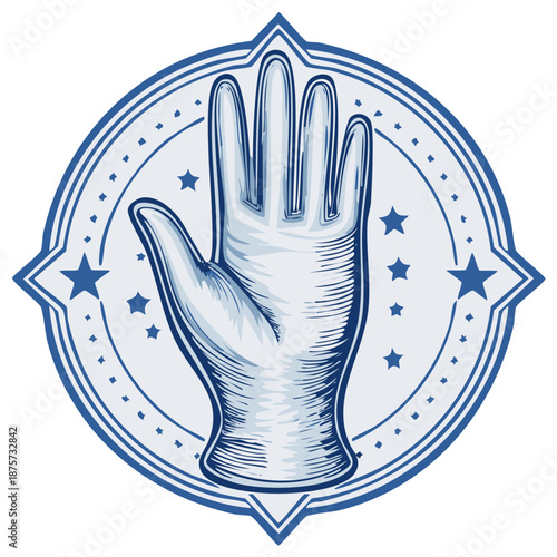Stylized hand emblem with stars inside a circle border art illustration design