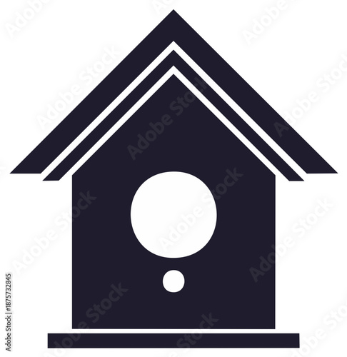 Stylized dark birdhouse vector icon with circular opening and perch, natural habitat symbol