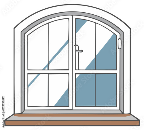 Arched Window Illustration with Window Sill, White Frame and Blue Glass