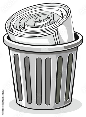 Rolled up newspaper inside a gray metal waste basket illustration for recycling or news discard