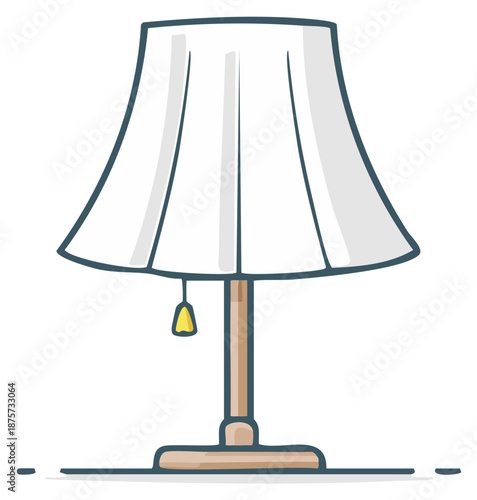 Simple illustration of a white lampshade on a wooden stand with a yellow pull chain