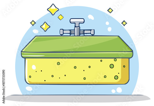 Sparkling clean kitchen sponge with a water tap handle in a creative cartoon vector illustration