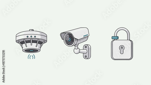 A security system featuring a smoke detector, a surveillance camera, and a padlock, representing safety and protection measures.
