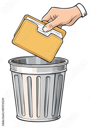 Hand Throwing Folder into Trash Can, Office Documents Disposal Concept, Waste