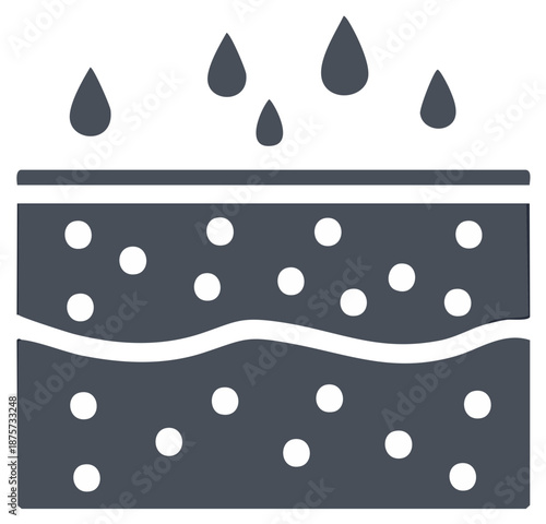Illustration of Water Droplets Above a Layered Surface with Particles, Demonstrating Filtration