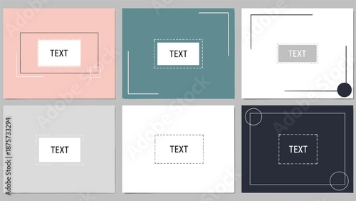 A set of graphic design templates featuring text boxes with dashed borders and minimalist frames on colored backgrounds.