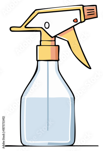 Cartoon Illustration of a Plastic Spray Bottle Filled with Clear Liquid for Cleaning and Gardening Purposes