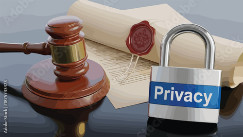A gavel and a locked padlock on a document with a wax seal, symbolizing legal privacy and data protection.