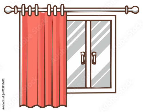 Cartoon Window with Closed Curtains Illustration on a Rod, Home Decor