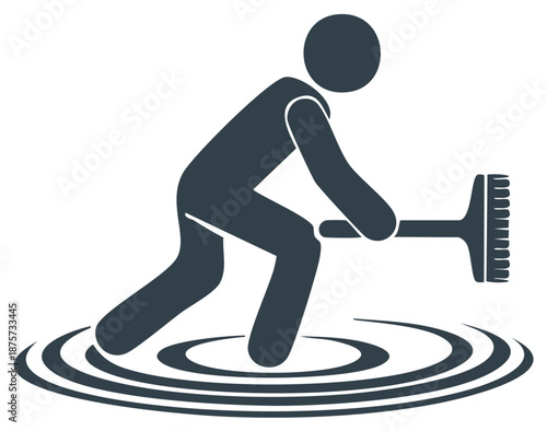 Dark silhouette stick figure person cleaning a water spill with a floor cleaning tool symbol