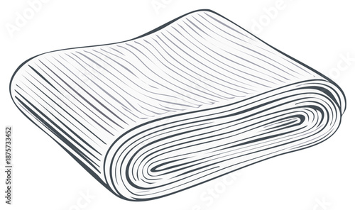 Hand drawn illustration of a neatly folded towel or blanket. Monochrome line art sketch.
