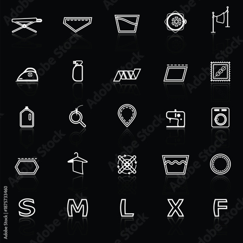 Cloth care sign line icons with reflect on black