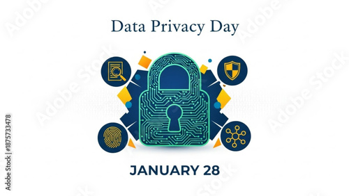 Data privacy concept with padlock and fingerprint icon on circuit board, secure information protection