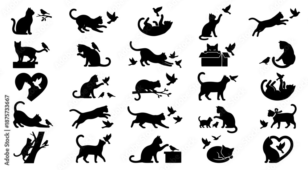 Obraz premium Cat Silhouette Clip-Art Pack with Birds – 25 Unique Vector Designs, Isolated on White Background