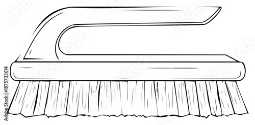 Simple black and white line art illustration of a cleaning brush with a curved handle