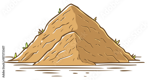 Cartoon style illustration of a large dirt pile with vegetation and a shaded base.