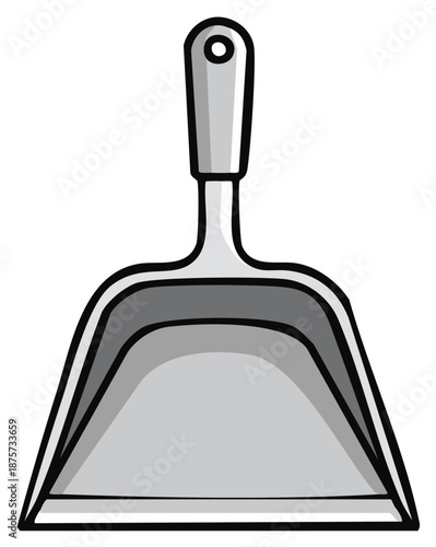 Simple grayscale cartoon illustration of a dustpan for sweeping and housework