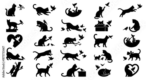 Cat Silhouette Clip-Art Pack with Birds – 25 Unique Vector Designs, Isolated on White Background
