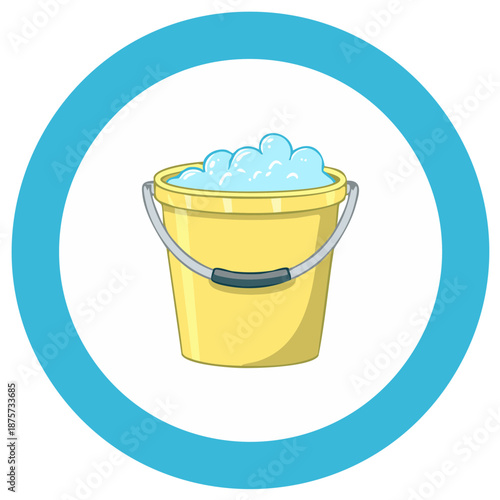 Illustration of a yellow bucket filled with foamy suds inside a blue circle frame