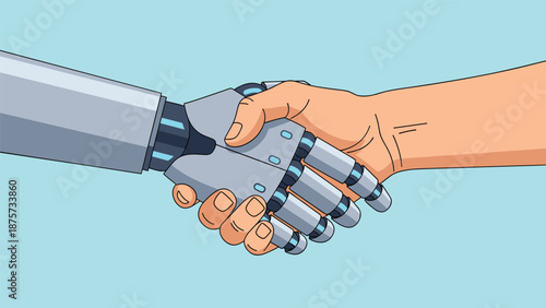 A human hand and a robotic hand shaking in agreement, symbolizing partnership between humans and artificial intelligence.