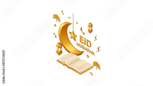Eid Mubarak Celebration: A stylized golden crescent moon and star illuminate a book, symbolizing a time of joy and reflection for Eid celebrations.
