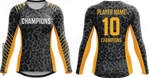 Sports jersey vector mockup, front and back view, custom team uniform design, player name number, leopard pattern, championship apparel template