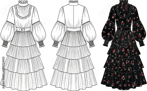 Vintage, ruffle, tiered, maxi, dress, vector, template, front, back, view, fashion, technical, drawing, floral, pattern, mockup, apparel, design, illustration, set