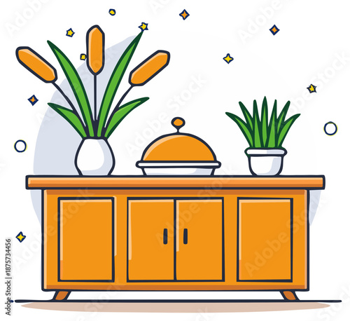 Stylized sideboard with plants and dish, cartoon illustration of living room furniture