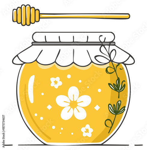 Cartoon honey jar with dipper, flowers and leaves