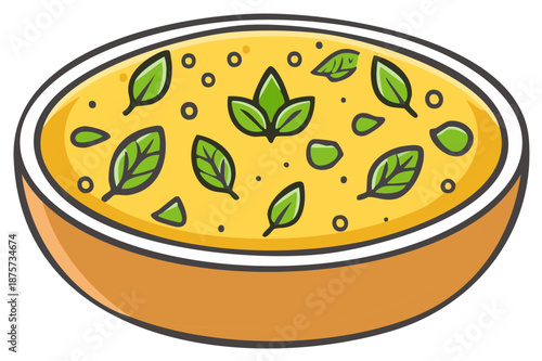Hand drawn doodle illustration of a bowl of creamy yellow vegetable soup with fresh basil leaves