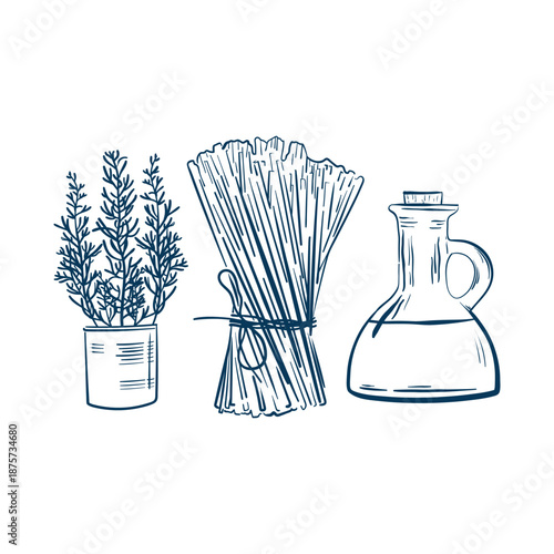 Pasta spaghetti rosemary and olive oil hand drawn set, Doodle collection Italian food, Doodle sketch icons in crayon drawing style.
