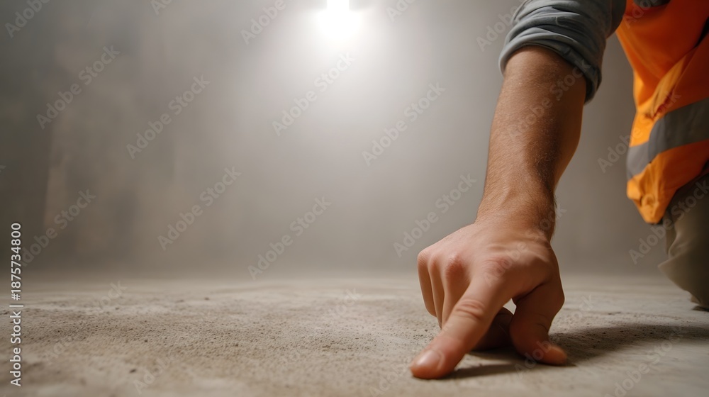 Naklejka premium A worker s hand points to a dusty ground surface in a construction setting with hazy lighting