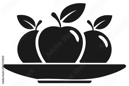 Three Apples on Plate Still Life Silhouette, Fruits Composition, Minimalist Vector Illustration