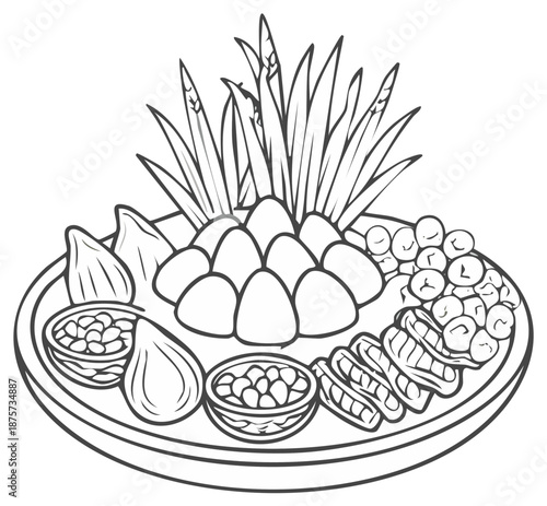 Decorative plate of food illustration, monochrome image