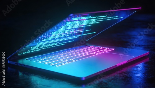 Modern laptop displaying glowing blue code on screen with neon pink and blue lighting