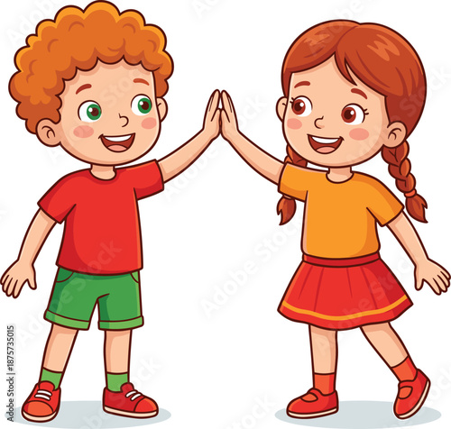 Happy cartoon boy and girl high five illustration, smiling kids friendship concept for children education vector design art