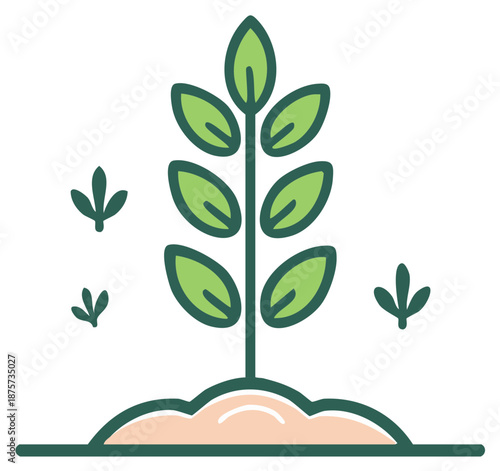 Green plant growing from soil with small leaves sprouting around it